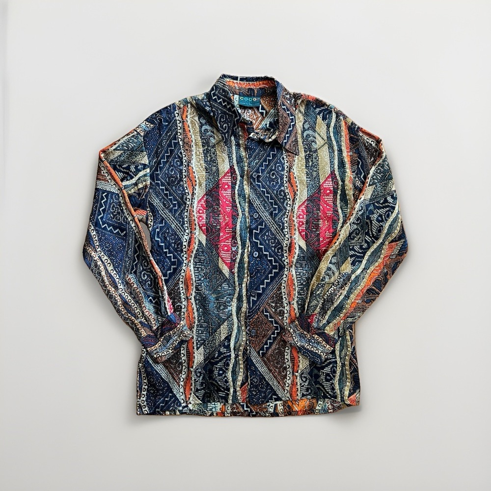 Vintage Men's Coogi Australia 100% Silk Button Up Shirt Multicolor Geometric